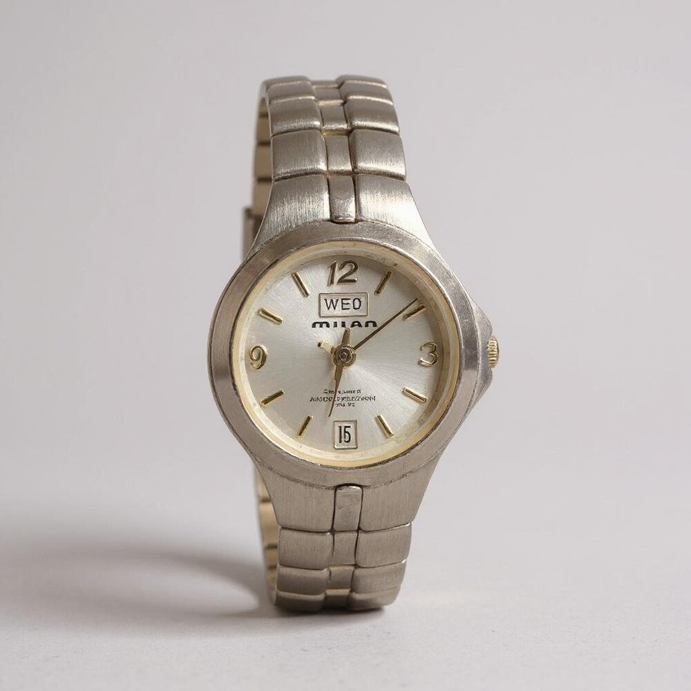 Milan Quartz Watch Silver Tone Stainless Steel Day Date Indicator